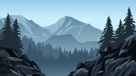 Landscape with mountains and coniferous forest. Vector illustration.のイラスト素材