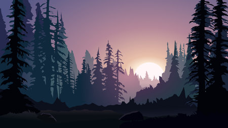 Foggy sunrise in beautiful forest. Vector landscape illustrationのイラスト素材