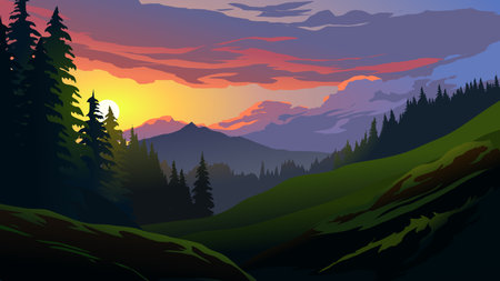 Vector illustration of sunset over pine forest with mountain in the distanceのイラスト素材
