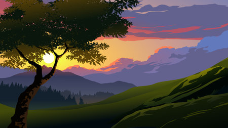 Vector illustration of beautiful mountain sunset landscape with a tree and meadowのイラスト素材
