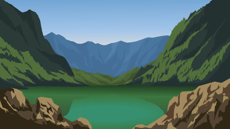 Landscape with a lake in the mountains. Cartoon vector illustration.のイラスト素材