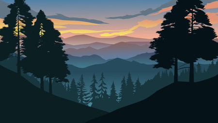 Landscape with coniferous forest and mountains at sunset. Vector illustration.のイラスト素材