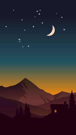 Night landscape with mountains and crescent moon. Vector illustration in flat styleのイラスト素材