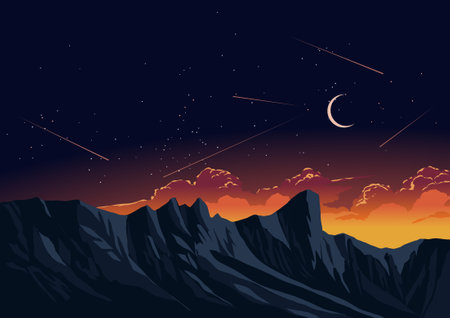 Mountain landscape with moon and stars. Vector illustration in flat style