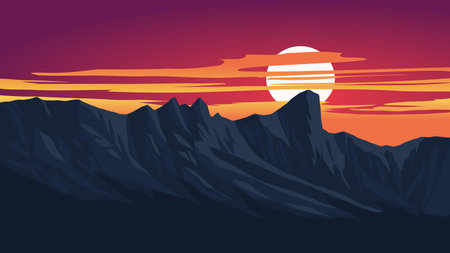 Sunset in the mountains. Vector illustration of a mountain landscape.のイラスト素材