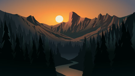 Mountains and river at sunset. Vector illustration for your design.のイラスト素材