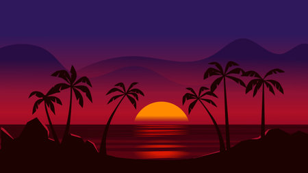 Silhouette of palm trees on the beach at sunset. Vector illustration.のイラスト素材