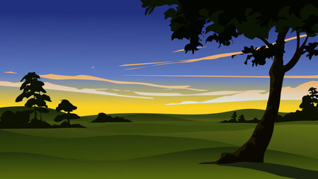 Vector illustration of a beautiful sunset over the hills with trees and grassのイラスト素材