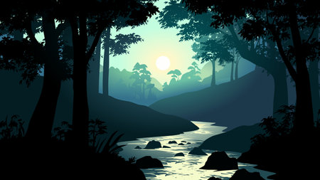 Silhouette of river in the forest. Vector illustration for your designのイラスト素材