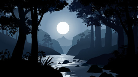 Silhouette of river in the forest at night vector illustration.のイラスト素材