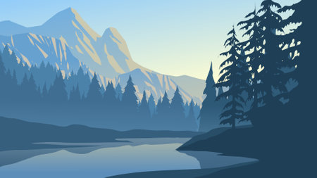 Mountain landscape with a lake and coniferous forest. Vector illustrationのイラスト素材