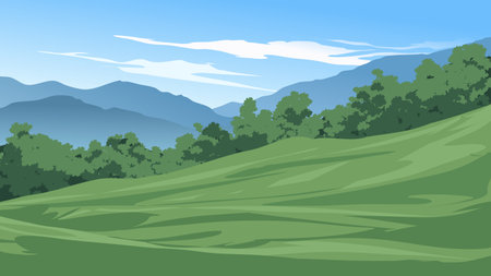 Landscape of green hills and mountains. Vector illustration in cartoon style.のイラスト素材