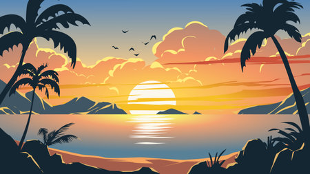 Seascape with palm trees and sunset. Vector Illustration.のイラスト素材