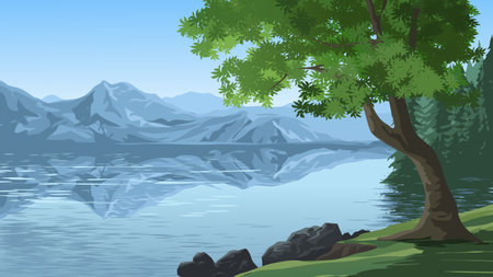 Beautiful lake landscape with mountains and trees. Vector illustration. Eps 10のイラスト素材