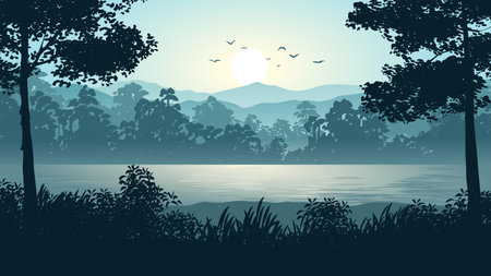 Nature background with forest lake and mountains. Vector illustration. EPS10のイラスト素材