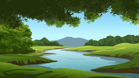 Beautiful summer landscape with river and green trees. Vector illustration.のイラスト素材