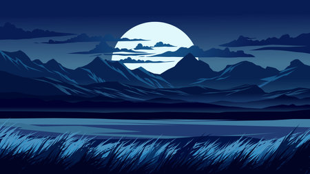 Night landscape with mountains and lake. Vector illustration for your design.のイラスト素材