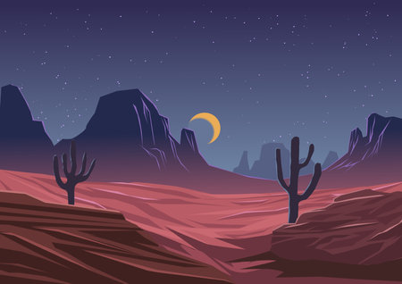 Night desert landscape with cactuses and mountains. Vector illustration.のイラスト素材