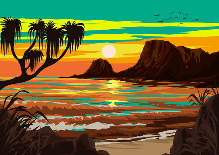 Seascape with palm trees and sunset. Vector illustration in cartoon styleのイラスト素材