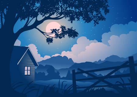 Houses in the forest at night. Vector illustration. Eps 10のイラスト素材
