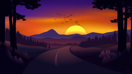 Vector illustration of a sunset in the mountains with a road, trees and birdsのイラスト素材