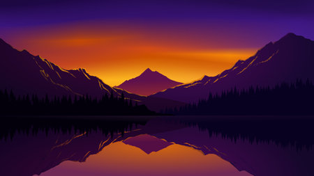 Mountains and lake at sunset. Vector illustration for your design.のイラスト素材