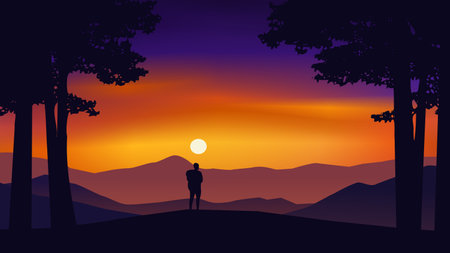 Sunset in the forest. Silhouette of a man standing in the middle of the forest. Vector illustration.のイラスト素材
