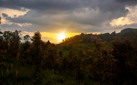 Sunset on the mountain at Puncak Lawang, West Sumatra, Indonesiaの写真素材