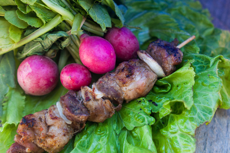 grilled meat on stick on fresh salad and radishの写真素材