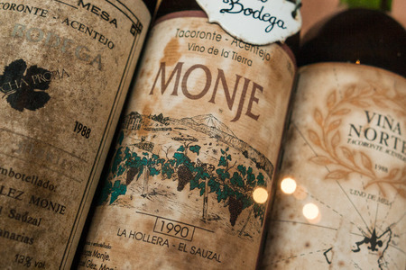Tenerife, Spain, January 2015: Rare vintage collection of Monje bodega wines from 80sのeditorial素材