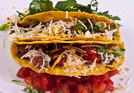 A taco with cilantro and tomato garnishingsの写真素材