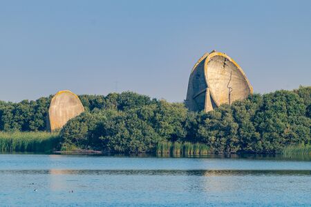 New Romney, Greatstone Lakes, United Kingdom, - 26th August 2019 - Sound Mirrors, also known as Acoustic Mirror or Listening Earsのeditorial素材