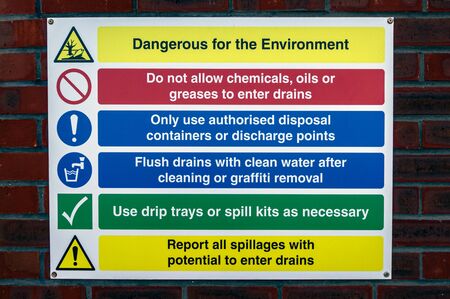 Environmental warning and safety notice attached to a brick wall