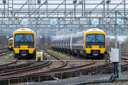 Passenger trains berthed at a railway sidings in the United Kingdomの写真素材