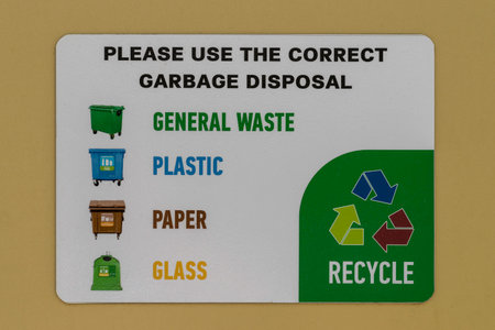 Recycling information sign indicating which bins to useの写真素材