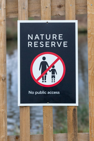Nature Reserve No public Access sign on a wooden fenceの写真素材