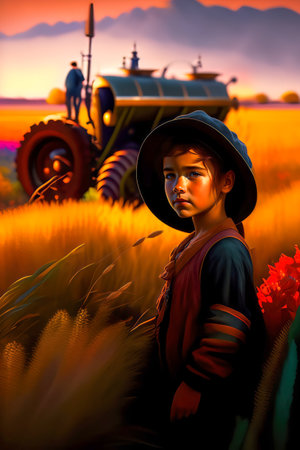 Children on the Meadow at Autumn Sunset: Oil Painting Styleの素材