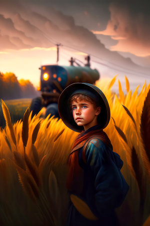 Children on the Meadow at Autumn Sunset: Oil Painting Styleの素材