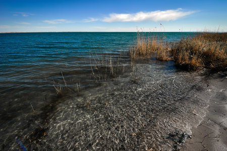 Under the warm sunshine, Ulungur Lake, Ulungur Lake National Wetland Park in Xinjiang, China, looks extraordinarily mysterious and peacefulの写真素材