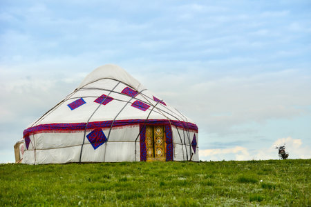 A Kazakh felt house, also known as a yurt, is a traditional nomadic dwelling made from felt and other natural materials.の写真素材