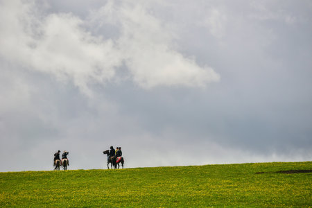 Qiongkushtai in Xinjiang, a small Kazakh village which has a vast grassland and leisurely horses and sheep.の写真素材