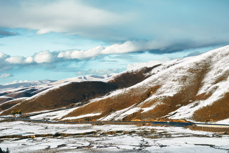 Stunning scenery of the alpine region in western Sichuan, China, with mountains, forests, lakes and rapids in different seasonsの写真素材