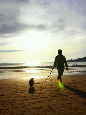 A man and a happy dog are walking on beach at sunsetの素材