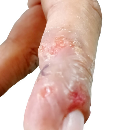 A human hand with noticeable skin irritation and redness on one finger highlighting potential health...