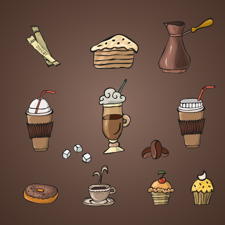 Hand drawn coffee set with sugar and cakesのイラスト素材