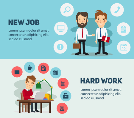 New job search and stress work infographic. Cv, head hunters, job search, new work. Labor Day. Office life and business man. Business situation. People in action. Computer, table, books, clock bright background.のイラスト素材