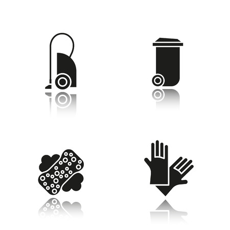 Cleaning item tools drop shadow black icons set. Vacuum cleaner, trash can, sponge with foam, rubber gloves. Isolated vector illustrationsのイラスト素材