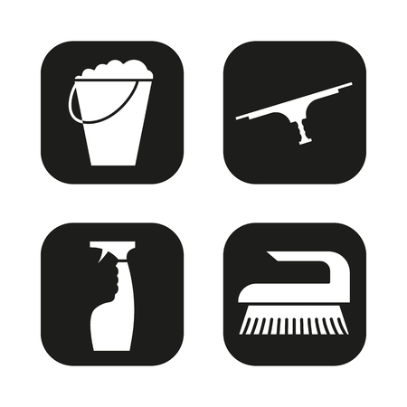 Cleaning equipment icons set. Bucket with foam, tool for window cleaning, spray and brush. Vector white silhouettes illustrations in black squares.のイラスト素材