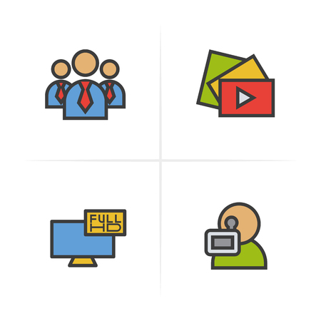 Filming color icons set. Men in ties, video play button, Full HD television, videographer symbol. Logo concepts. Vector isolated illustration.の写真素材