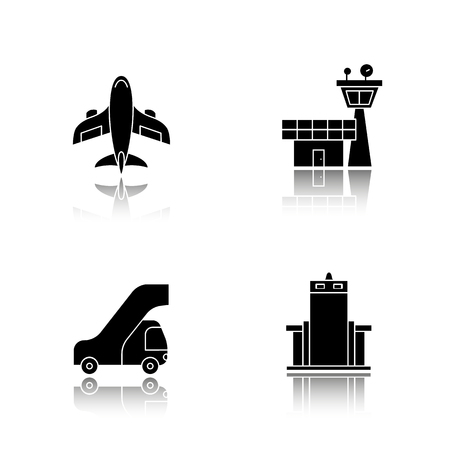 Pilot drop shadow black icons set. Aircraft, Flight control tower, passengers ladder, metal scanner gate. Isolated vector illustrations.のイラスト素材